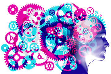 A figure head side profile overlaid with various sized semi-transparent overlapping machine cogs and gears representing hard work and processes. 