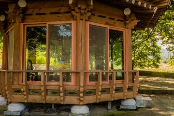 Wooden covered picnic pavilion