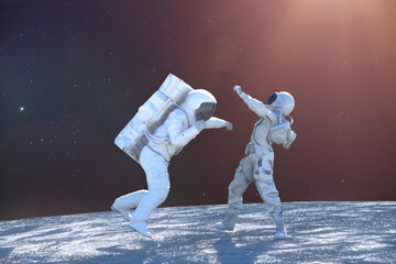 two cosmonauts fight the space war 3d render