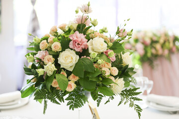 wedding decor in pink tones of fresh flowers