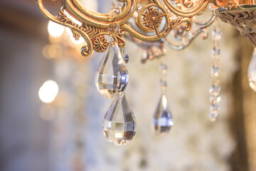 Indian Hindu wedding decorations crystal chandeliers close up