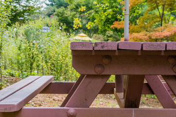 Low angle view of picnic table