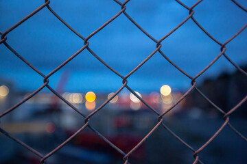 The metal mesh fence and the lights of the city.