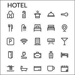 Simple Hotel Facility Icon Set With Line Style Contain Such Icon as Map, Location, Hanger, Towel, Wifi, Shower AC, Bed, Door, Bathroom, Bathub, Suitcase, Vacation and more. 48 x 48 Pixel Perfect