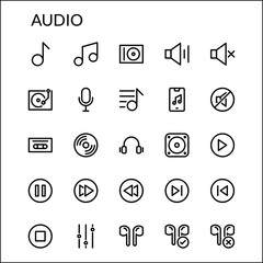 Simple Audio Icon Set With Line Style Contain Such Icon as Note, Melody, Music, Speaker, Sound, Player, Gramophone, Headphone, Microphone, Volume and more. 48 x 48 Pixel Perfect