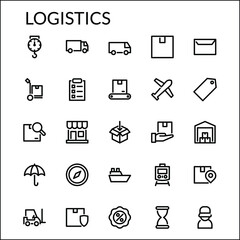 Simple Logistics Icon Set With Line Style Contain Such Icon as Delivery, Packaging, Shipping, Transport, Time, Forklift, Shop, Protection, Insurance, Weighing, Courier, and more. 48 x 48 Pixel Perfect