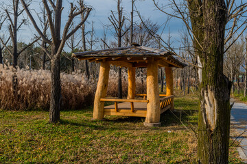 Covered picnic shelter next to field of feather grass.