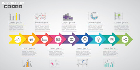 Timeline infographics design template with 9 options, process diagram, vector eps10 illustration