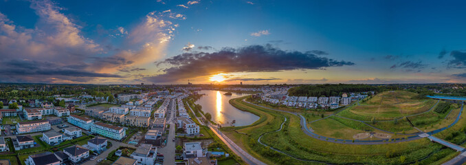 Panoramic sunset drone landscapes of Phoenix lake in Dortmund