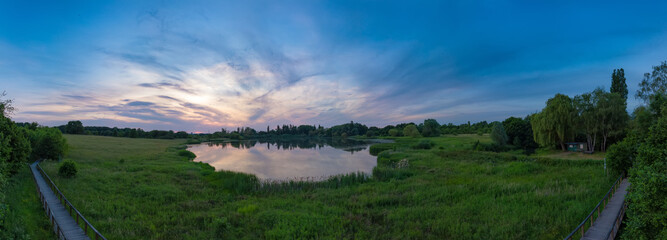 Panoramic sunset drone landscapes of Lanstropsee lake in Dortmund