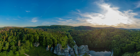 Panoramic sunset drone landscapes of Externsteine Mountain in Germany
