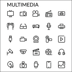 Simple Multimedia Line Style Contain Such Icon as Television, Camera, Radio, Music, Entertainment, Movie, Recording, Webcam, CCTV, Smartwatch and more. 48 x 48 Pixel Perfect