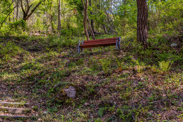 Wooden bench on hillside