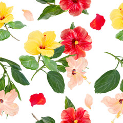 Fototapeta na wymiar Hibiscus flowers Seamless Background. Floral Pattern