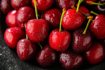 Ripe red cherries in black plate.