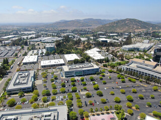 Aerial view to industrial zone and company office, storage warehouse in Rancho Bernardo Executive Center, California, USA.