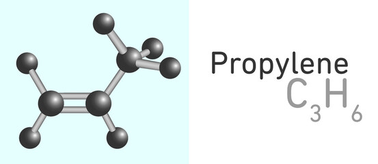 Propylene, Propene (C3H6) gas molecule. Stick model. Structural Chemical Formula and Molecule Model. Chemistry Education