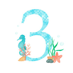 Watercolor number 3. Monogram with watercolor marine design - seahorse seaweed coral starfish. Isolated on white background Hand painting illustration. Font for design greeting cards and other.
