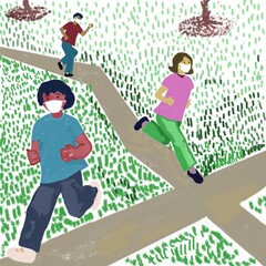 Jogging in the park wearing face masks, the new normal after COVID 19. People following social distancing. Digital illustration art.