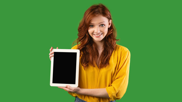 Girl Showing Digital Tablet Screen Over Green Background, Panorama, Mockup