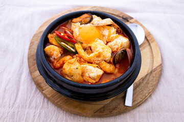 Korean spicy silken tofu stew with seafood