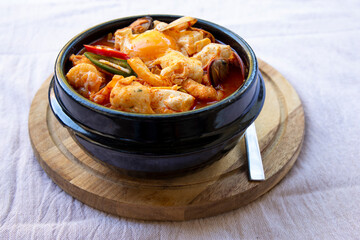 Korean spicy silken tofu stew with seafood