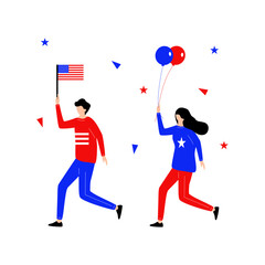Fourth of July flat character running hold flag and balloons