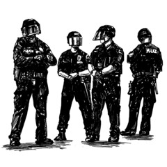 Drawing of 4 policemen are standing to waiting the protesters in America 