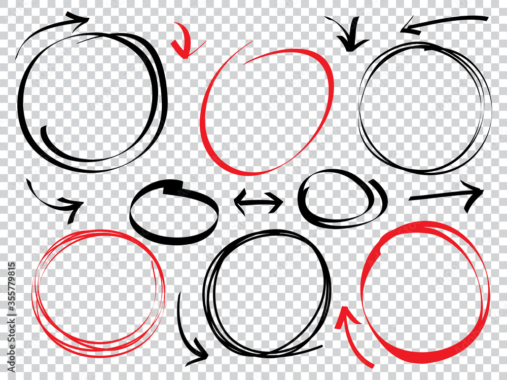 Poster hand drawn scribble line circles and arrows. doodle round circles for message note mark design eleme