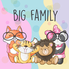 Cute animals happy family cartoon illustration for kids.