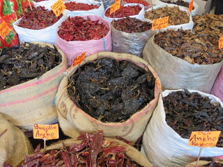 Dried chile bags in a Mexican market