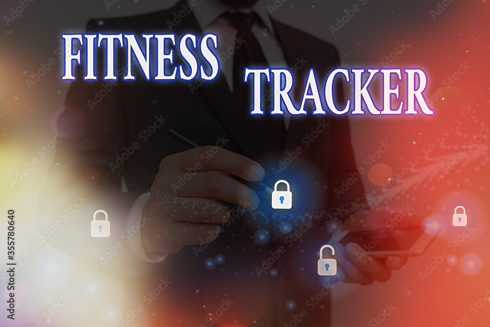 Poster conceptual hand writing showing fitness tracker. concept meaning a monitoring device that records an