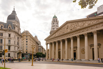 Fototapeta na wymiar Historical buildings of the Buenos Aires City. Cathedral with columns and other old buildings. Urban Cityscape. South America.