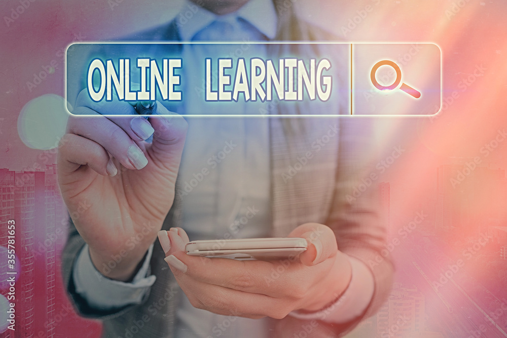 Poster writing note showing online learning. business concept for taking a course that can be accessed over