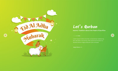 Muslim holiday Eid al Adha mubarak with goat and sheep character and white ribbon concept