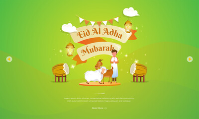 Eid al Adha mubarak greeting concept with illustration of the sacrifice of sheep and goat