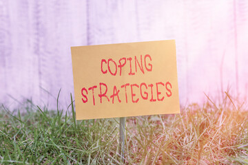 Writing note showing Coping Strategies. Business concept for general plan or set of plans intended to achieve something Plain paper attached to stick and placed in the grassy land