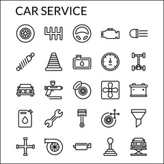 Simple Car Service Line Style Contain Such Icon as Tire, Engine, Steer, Lamp, Shock Breaker, Brake, Suspension, Accu, Exhaust, Fan, Filter and more. 64 x 64 Pixel Perfect