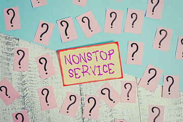 Text sign showing Nonstop Service. Business photo text system of public needs that are made available all the time Scribbled and crumbling papers with thick cardboard above wooden table