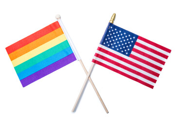 Rainbow flag and American flag. Gay pride parade. Lgbt symbol. White background.