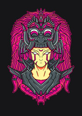 Geisha with balinese barong vector illustration colorful ornament. Illustration of batik for print, fabric, album art, web, promotion, tshirt and wallpaper background design.