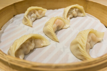 Closed up shrimp Dim Sum in basket at Taiwan