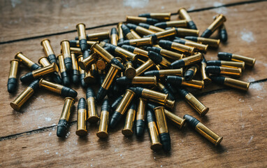 .22 ammunition in pile on a board surrounded by powder