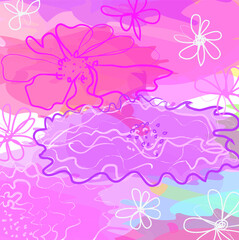 Abstract lovely pink and purple flowers and leaves pattern background. Creative cute floral hand drawn for your design