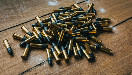 .22 ammunition in pile on a board surrounded by powder