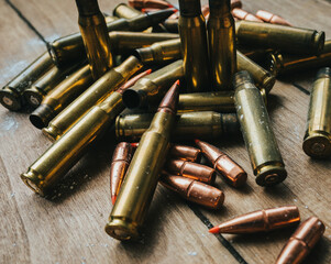 .308 Ammunition with projectiles Flat Lay on board surrounded by powder