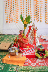 Indian Hindu wedding ceremony ritual items and decorations close up