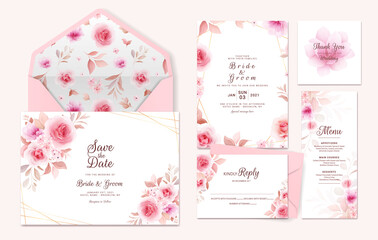 Wedding invitation template suite with floral border, pattern. Roses and sakura flowers composition for save the date, greeting, thank you, rsvp, menu, envelope card
