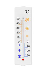 Celsius scale meteorology thermometer isolated on white background. Air temperature plus 42 degrees...