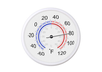 Fahrenheit and celsius scale white round thermometer for measuring weather temperature. ...
